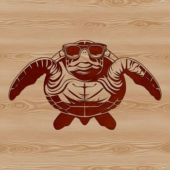 A sea turtle wearing sunglasses swims in the ocean, a seaside scene featuring a wild animal.