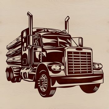 A detailed illustration of a semi truck with multiple axles and a large trailer.