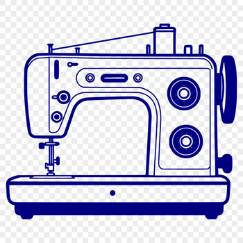 A detailed illustration of a sewing machine with moving parts and components.