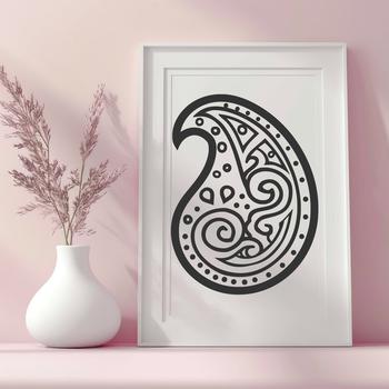 A detailed, ornate paisley pattern featuring intricate curved shapes.