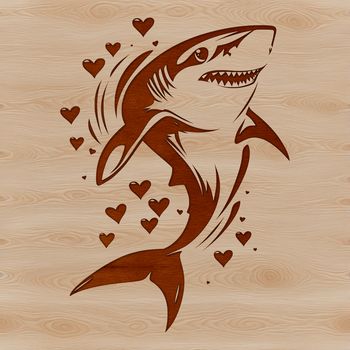 A stylized illustration of a shark with heart shapes surrounding it.