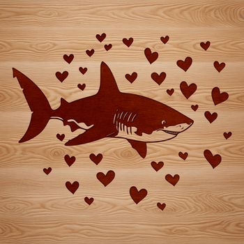 A colorful illustration of a shark with love hearts surrounding its body.