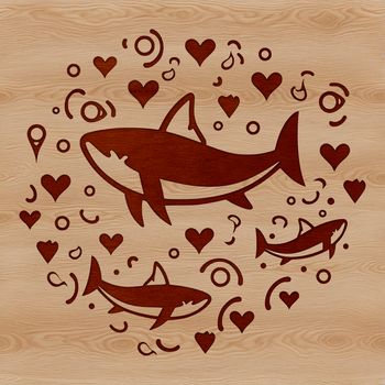 A stylized illustration of a shark surrounded by love hearts, showcasing a sea creature with a playful twist.