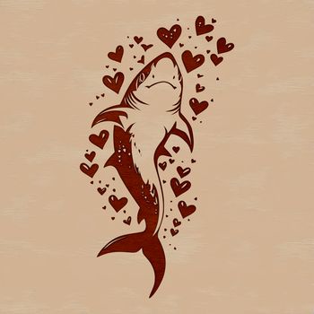 An illustration of a shark with hearts surrounding its body.