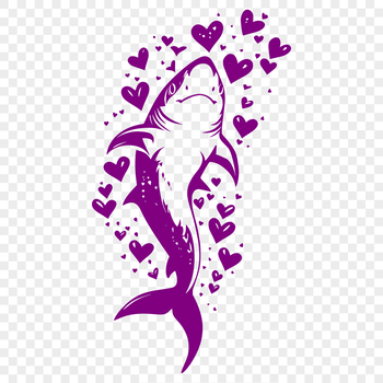 A detailed illustration of a shark with colorful love hearts surrounding its body.