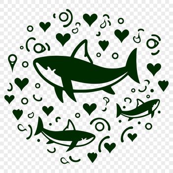 A stylized illustration of a shark with heart shapes incorporated into its design.