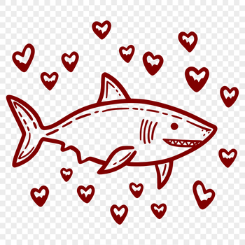 A cartoon shark designed with love hearts surrounding its body.