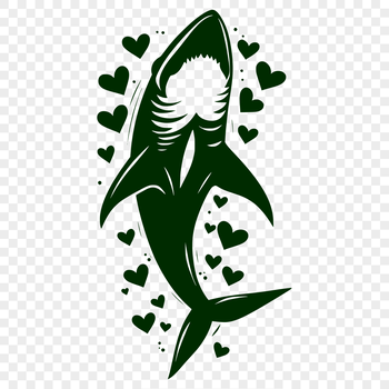 A cartoon shark with love hearts surrounding its body, designed as a vector image.