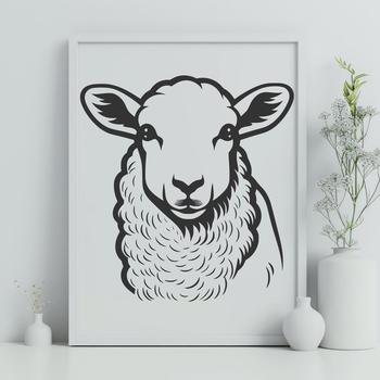 A realistic illustration of a sheep's head with fur details.