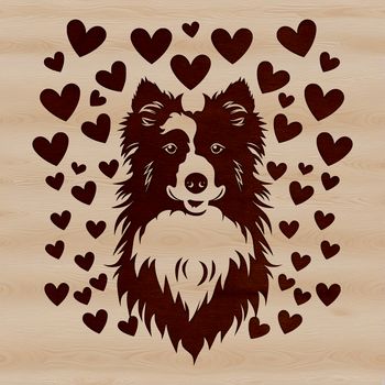 Close-up illustration of a Shetland sheepdog's head with intricate love heart details.