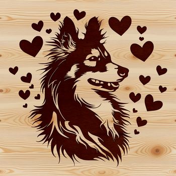 A high-quality vector illustration of a Shetland sheepdog with love hearts in its fur.