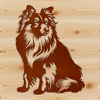 A depiction of a Shetland sheepdog sitting on its hind legs.
