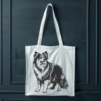 A portrait of a seated Shetland sheepdog with its head tilted upwards.