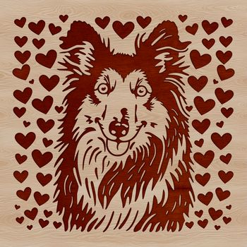 A vector illustration of a Shetland sheepdog with heart symbols, suitable for digital design projects.