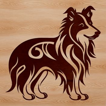 A Shetland Sheepdog standing on a lawn, featured as a vector graphic design.