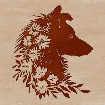 Close-up illustration of a Shetland Sheepdog's head with delicate floral patterns surrounding its features.