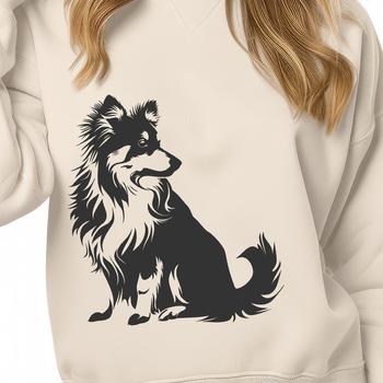 A portrait of a seated Shetland sheepdog breed dog with a calm expression.