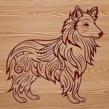 A standing Shetland sheepdog with ornate features.