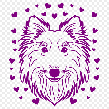 Close-up vector illustration of a Shetland Sheepdog's head with hearts surrounding its features.