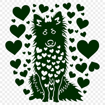 A full-body illustration of a sitting Shetland sheepdog surrounded by love hearts, suitable for pet owners or enthusiasts.