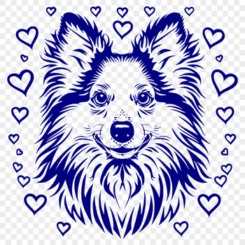 A high-quality digital illustration of a Shetland sheepdog's head with decorative heart details.