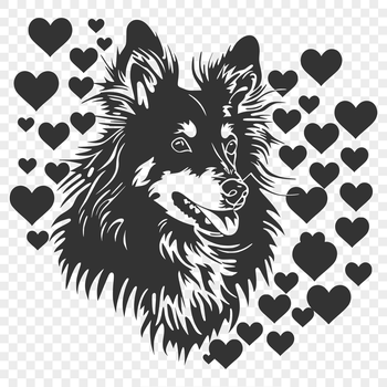 A close-up illustration of the head of a Shetland Sheepdog breed dog with two heart shapes on its forehead.