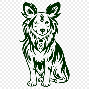 A vector illustration of a sitting Shetland sheepdog with ornate details.