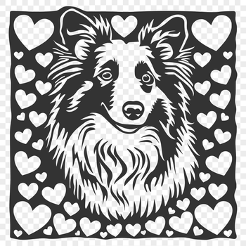 A portrait illustration of a Shetland sheepdog's head with heart-shaped accents.