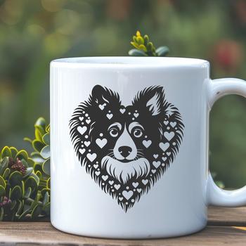 Illustrative image of a Shetland sheepdog's head with heart motifs.