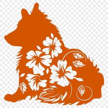A small to medium-sized dog with a fluffy coat and erect ears in a floral setting.
