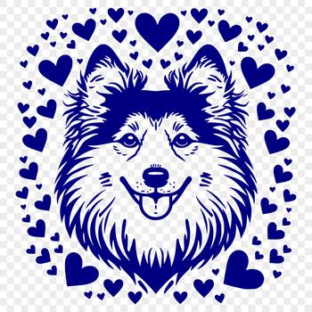 A portrait illustration of a Shetland Sheepdog with heart symbols in its fur.