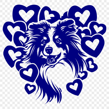 A stylized illustration of a Shetland Sheepdog's head with love hearts surrounding it.