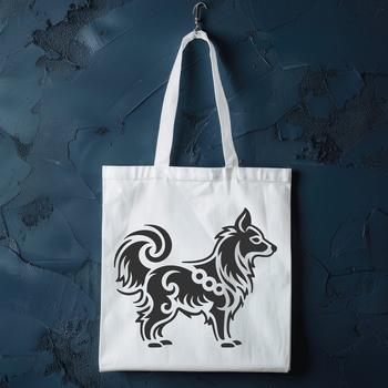 Detailed vector design of a standing Shetland sheepdog dog breed in profile.