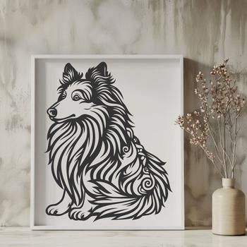A full-body illustration of a seated Shetland Sheepdog with ornate details.