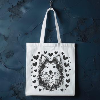 A stylized illustration of a Shetland sheepdog's head with intertwined love hearts.
