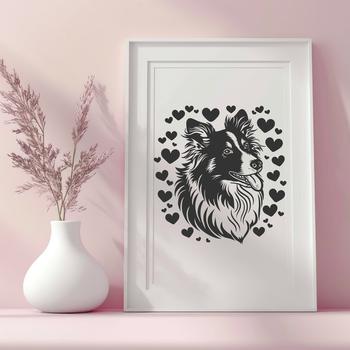 A vector illustration of a Shetland Sheepdog's head, featuring heart symbols in the design.