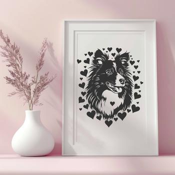 A detailed illustration of a Shetland Sheepdog's head with heart-shaped decorations surrounding it.