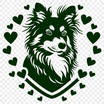 A high-quality vector illustration of a Shetland Sheepdog breed dog with heart motifs.