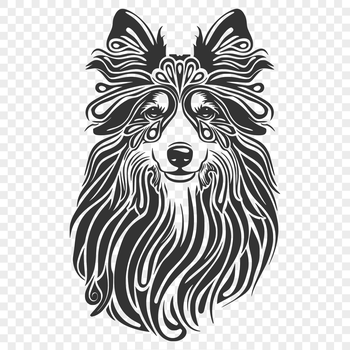 A close-up illustration of a Shetland sheepdog's head with intricate details.