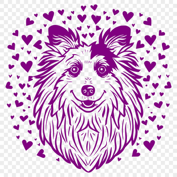 A cute illustration of a Shetland sheepdog with heart-shaped designs around its head.