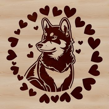 A cute, medium-sized Shiba Inu dog breed with love hearts surrounding its head.