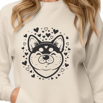 A stylized vector illustration of a Shiba Inu dog's head with love hearts.