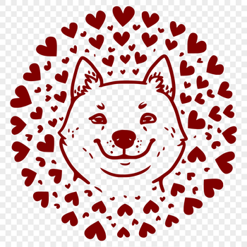 A simple line art illustration of a Shiba Inu dog's head with red love hearts surrounding it.
