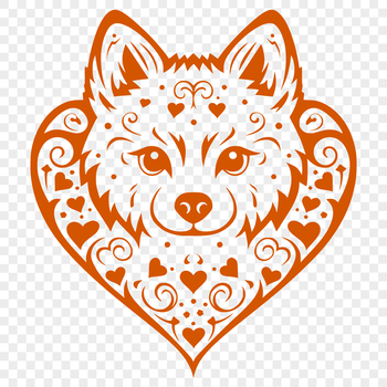 A stylized digital illustration of a Shiba Inu's head, designed with ornate details and incorporating love hearts.