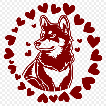 A stylized illustration of a Shiba Inu dog's head with love hearts, suitable for vector graphics.