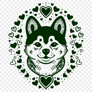 A smiling Shiba Inu dog with heart symbols on its head and body.