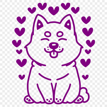 A simple line drawing of a sitting dog, specifically a Shiba Inu breed, with heart shapes incorporated into the design.