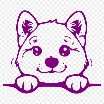 A close-up image of the face of a Shiba Inu dog with its head peeking out.