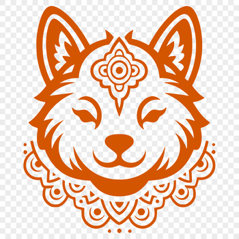 A traditional-style illustration of a Shiba Inu's head, featuring ornate details.