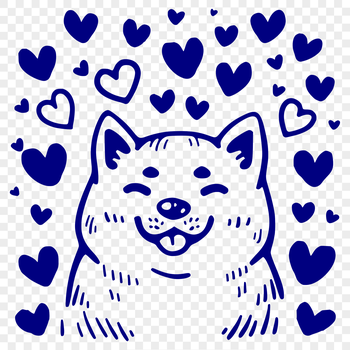 A vector illustration of a happy Shiba Inu dog with heart symbols surrounding its head.
